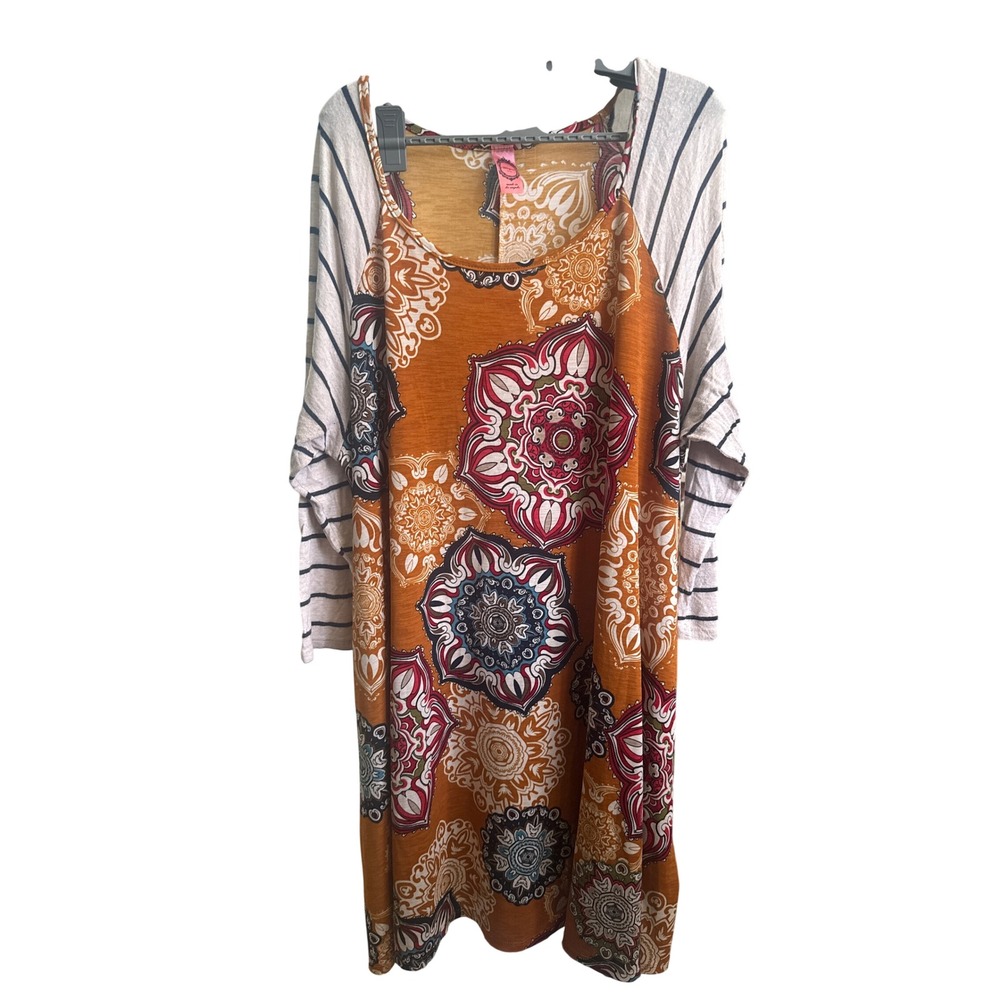 Honeyme Curvy Mandala Print Striped Sleeve Tunic Dress Mustard Rust Boho XL